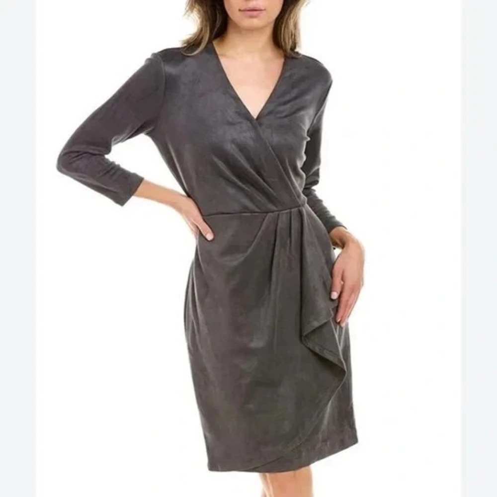J McLaughlin Dress Womens Gray Faux Suede Wrap Sheath 3/4 Sleeve L A011446